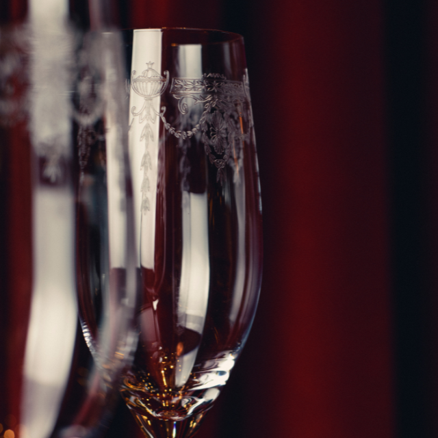 Elegant champagne glasses made from crystal, designed for sparkling wine and celebrations, from The Savoy Shop.