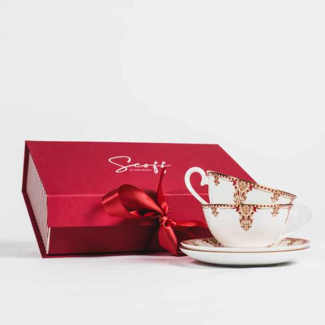 Elegant China Teacup Set with two fine china cups and matching saucers from The Savoy Shop, perfect for traditional afternoon tea at home.